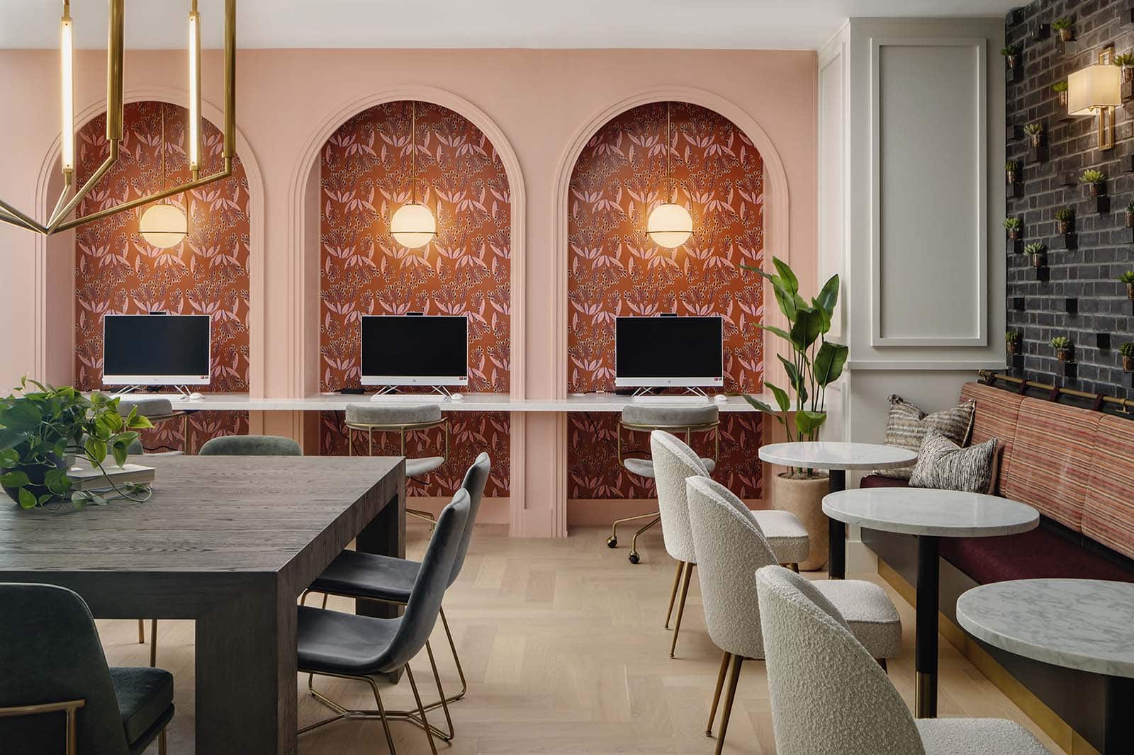 Pink botanical wallpaper feature wall